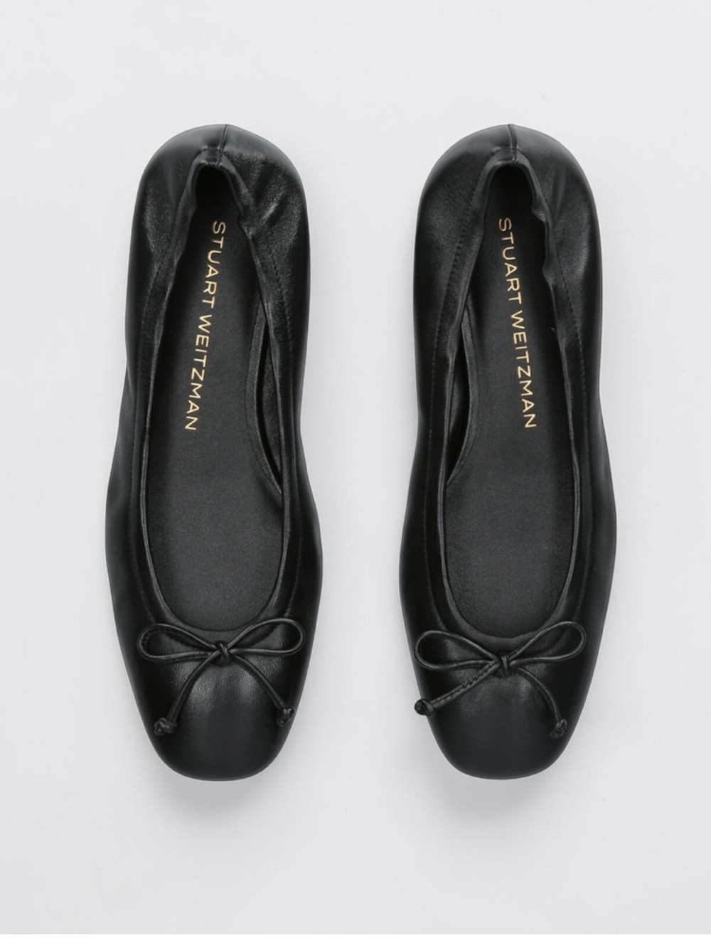 🌻Stuart Weitzman Bria Ballet Flats Black Leather Bow Square Toe Slip On Size 9